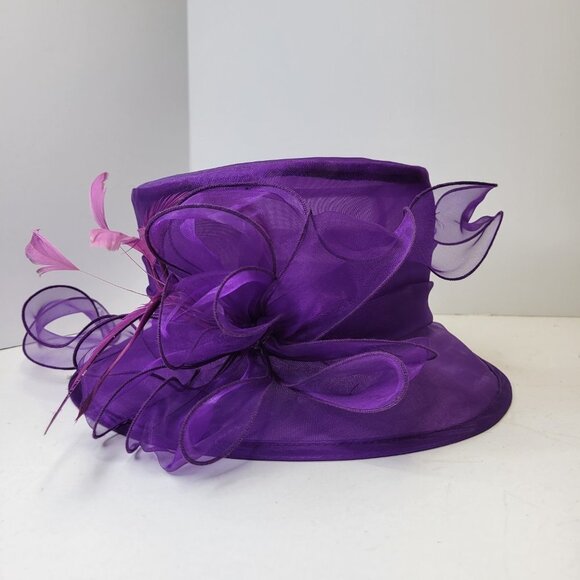 Purple Dress Hat Crushable Packable Deep Purple Satin Band and Pink Feathers - Picture 9 of 15